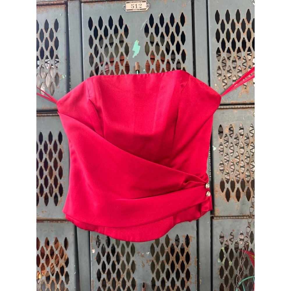 Vintage Red Satin Strapless Corset Top Rhinestone Detail Asymmetric Wrap Size3/4